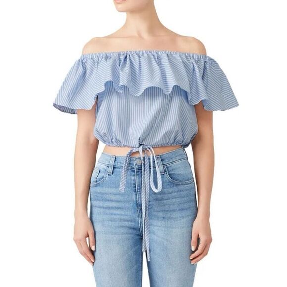 JILL Jill Stuart Madison Blouse Women 8 Blue Stripe Off Shoulder Cotton Blend - Picture 1 of 14